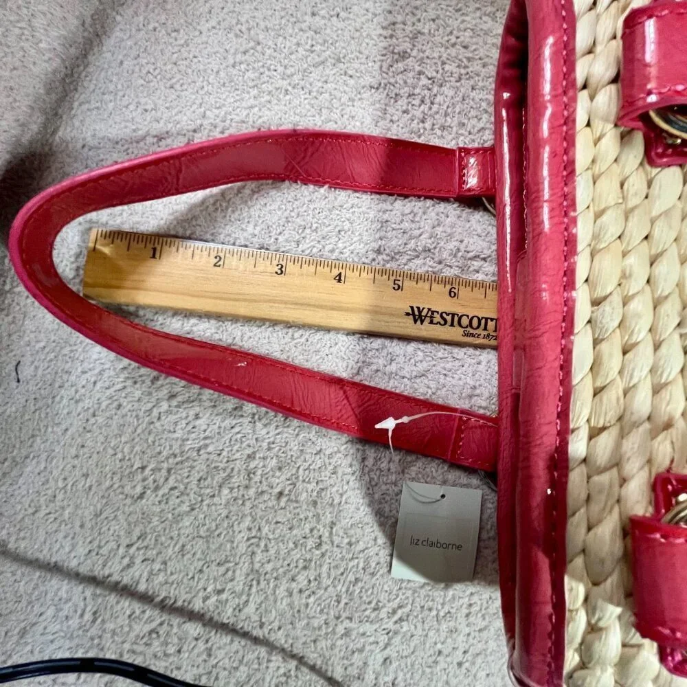 Liz Claiborne Purse Salmon Pink trim Cornhusk Straw Body Magnetic New With Tags